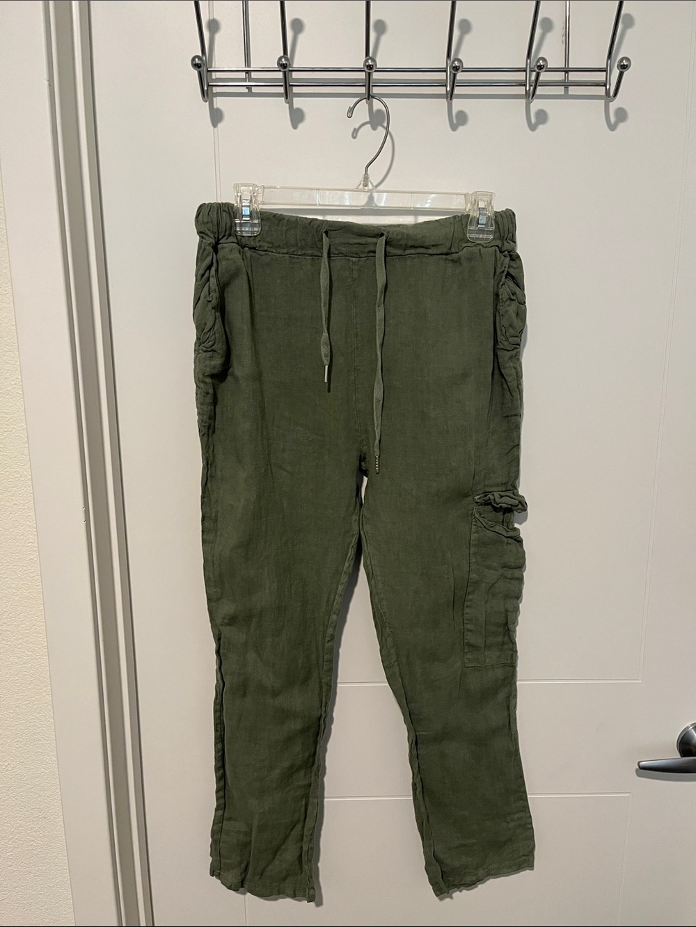 Meo Meli Green Linen Drawstring Pockets Pants Bohemian Coastal Made In Italy